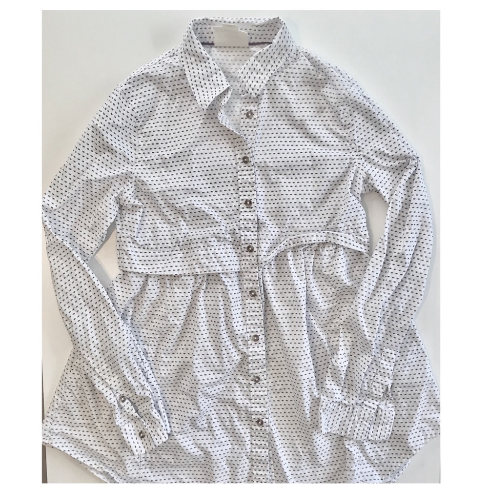 Anthro’s Maeve white long sleeve w blue&purple dot